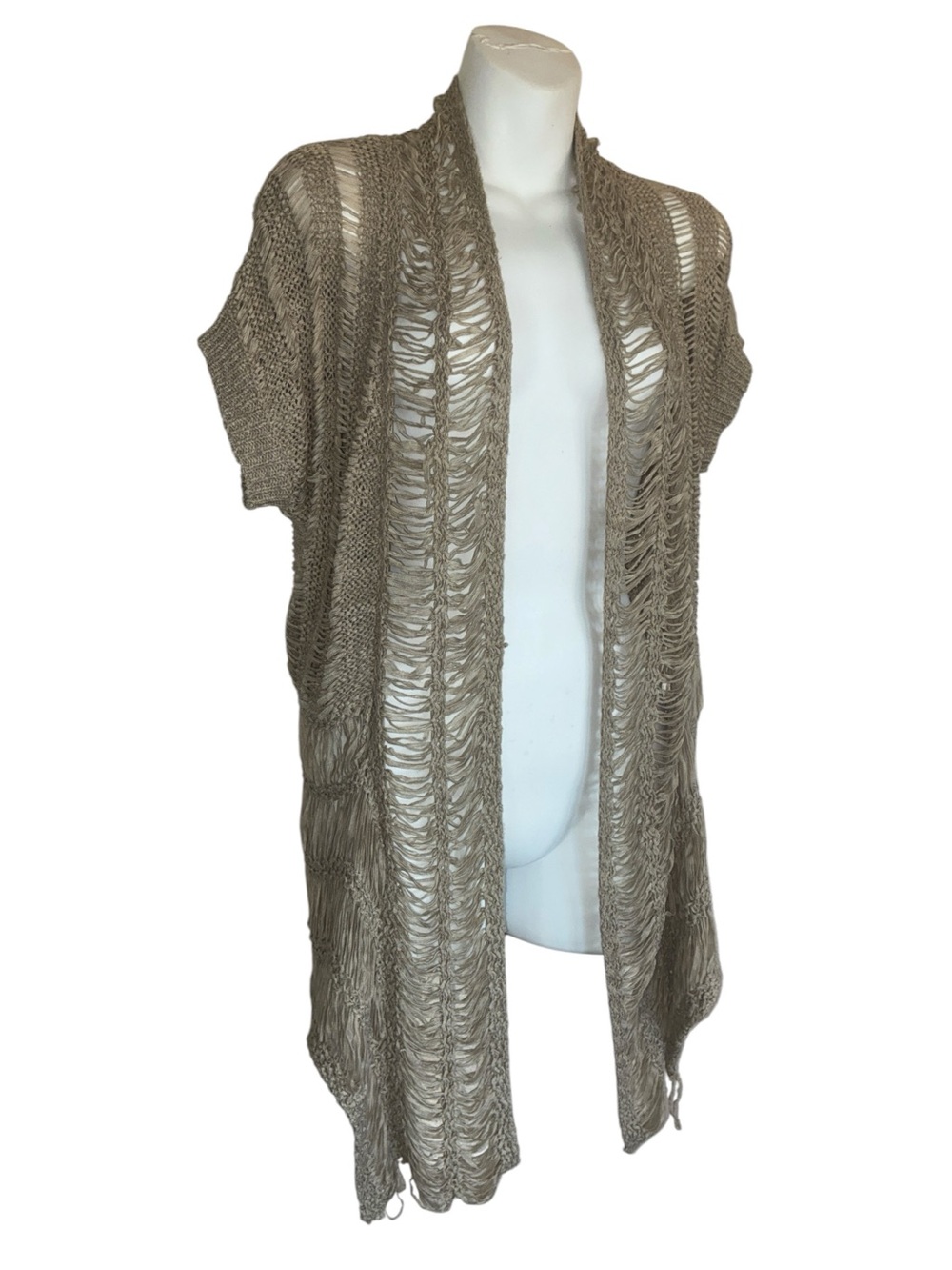 Light Gray Cardigan Vest, women's L, Open-Knit, crochet vibe. Neutral. EUC